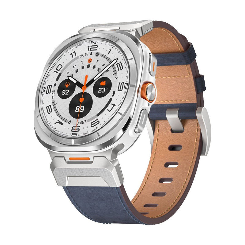 Bracelet en cuir bleu marine avec doublure camel et boucle ardillon argentée pour Galaxy Watch 8 Ultra, style sportif.