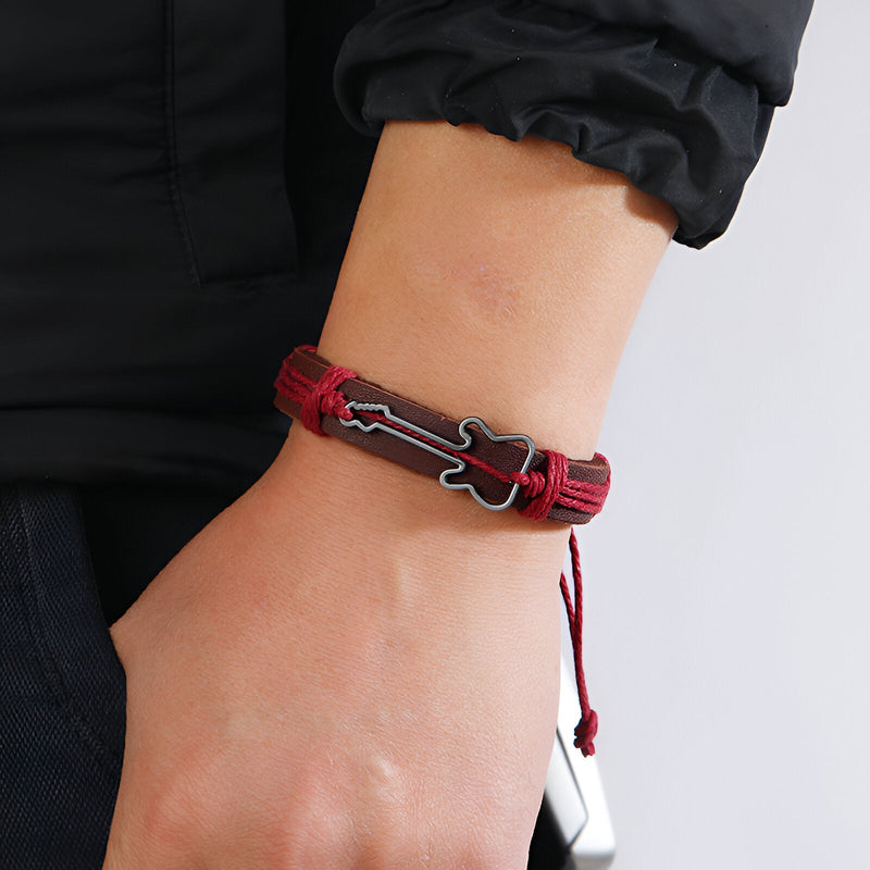 Eenvoudige leren armband, gitaarbedel, voor heren, model Duane