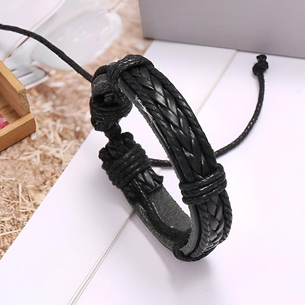 Bracelet en cuir noir tressé, style simple et ajustable, modèle Shiloh unisexe.