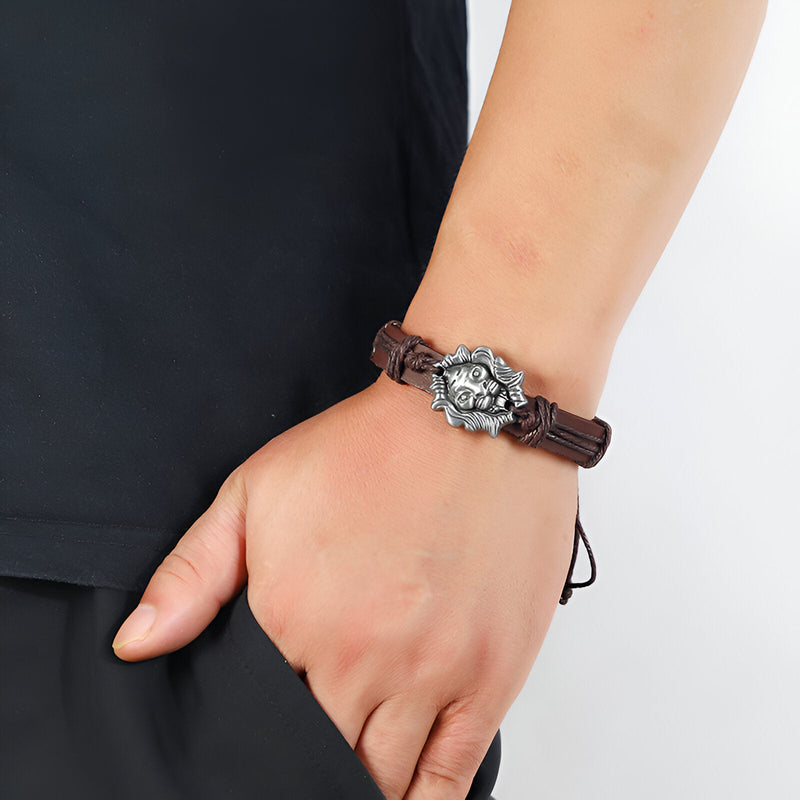 Pulsera de cuero, cabeza de león, para hombre, modelo Simba