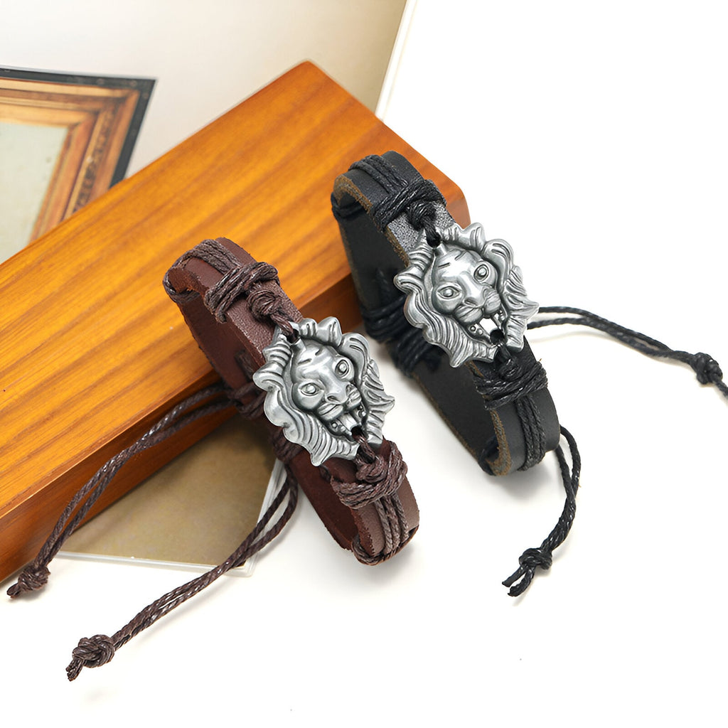 Bracelet en cuir marron avec tête de lion métal argenté, style tressé, pour homme .