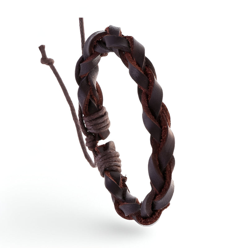Bracelet torsadé en cuir marron avec fermeture réglable par cordon, style mixte.