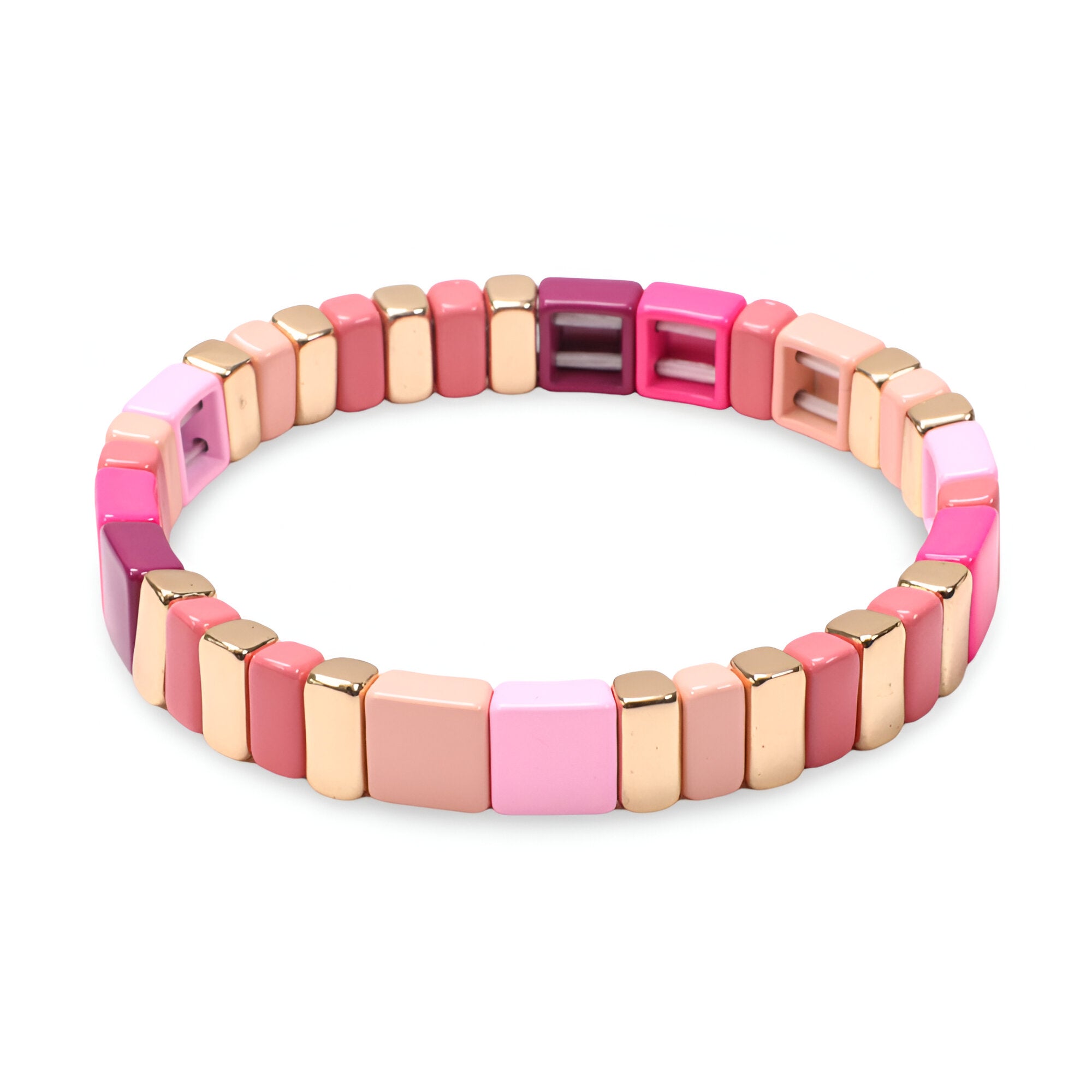 Bracelet femme émail à maillons carrés roses et dorés, fermeture clip violet foncé.