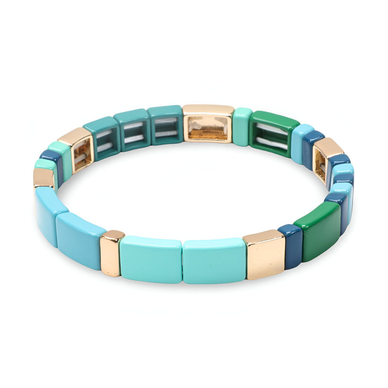 Bracelet femme en émail multicolore avec maillons rectangulaires et détails dorés.