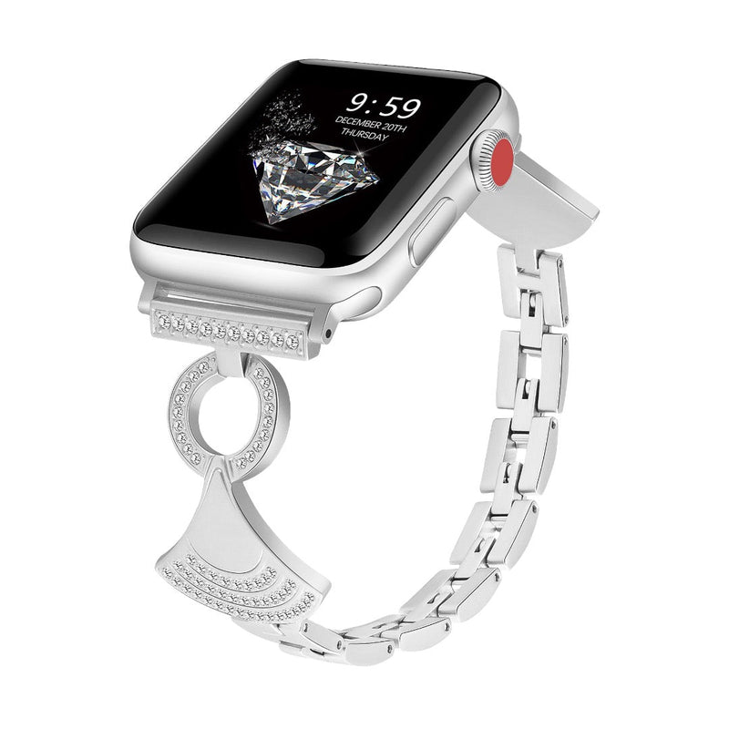 Bracelet Apple Watch argenté en métal avec zircons décoratifs et design modulable éventail.