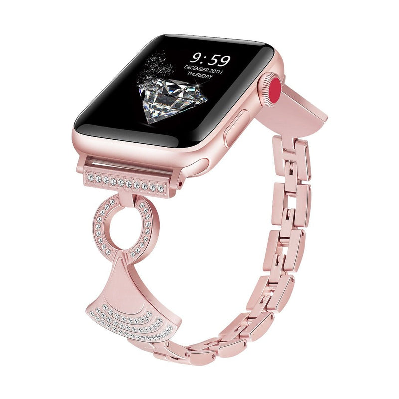 Bracelet rose en métal avec finition en éventail et zircons pour Apple Watch modèle Katina.