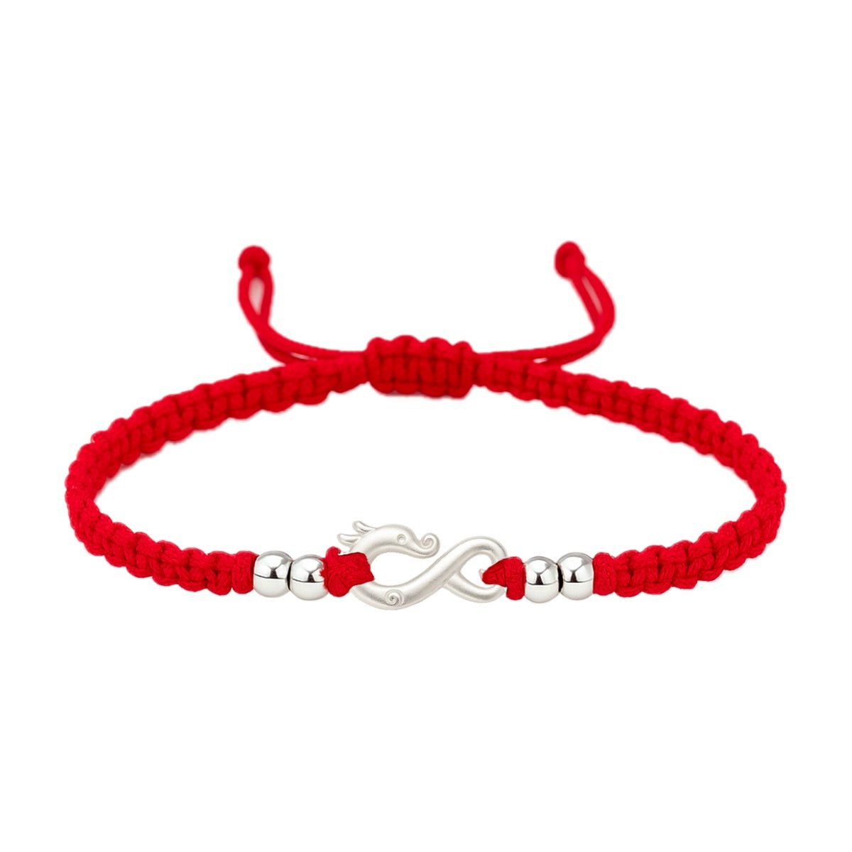 Bracelet en fil rouge ciré avec symbole infini argenté et perles argentées, modèle Belgo.