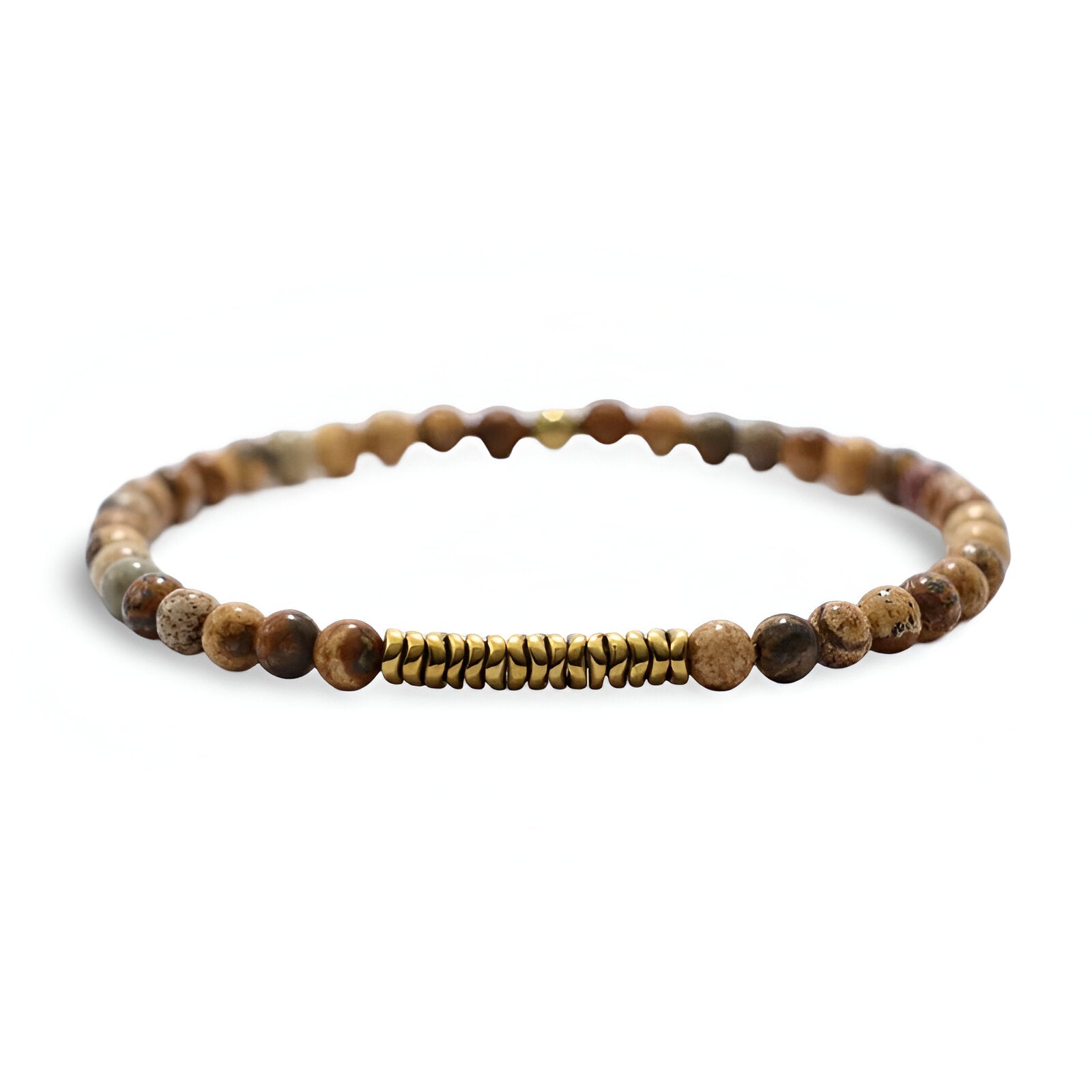 Bracelet fin pour homme en perles de jaspe paysage marron et breloques dorées.