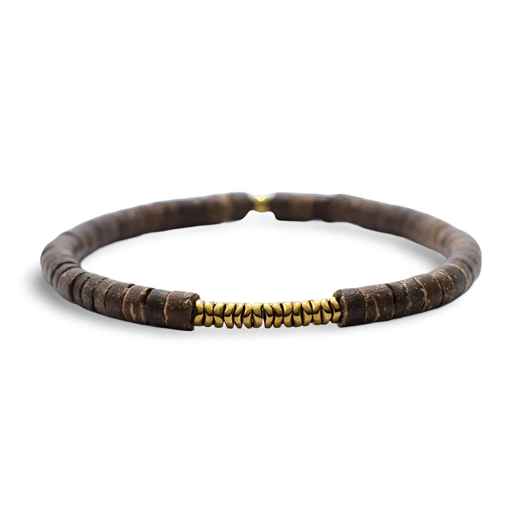 Bracelet fin en hématite et pierres naturelles brun foncé avec éléments dorés pour homme.