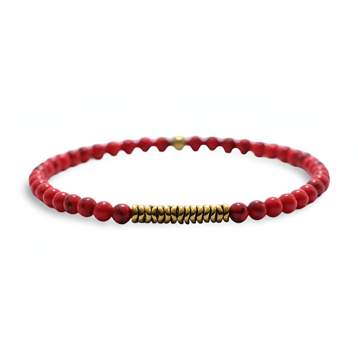 Bracelet fin pour homme en pierres naturelles rouges et perles métalliques dorées, modèle Francesco.