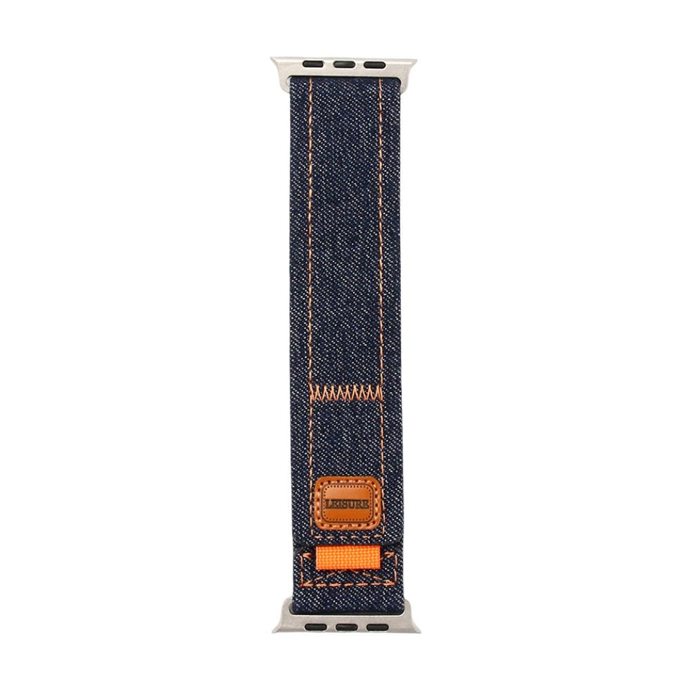 Bracelet Apple Watch en jean denim bleu foncé avec couture marron et écusson cuir marron.