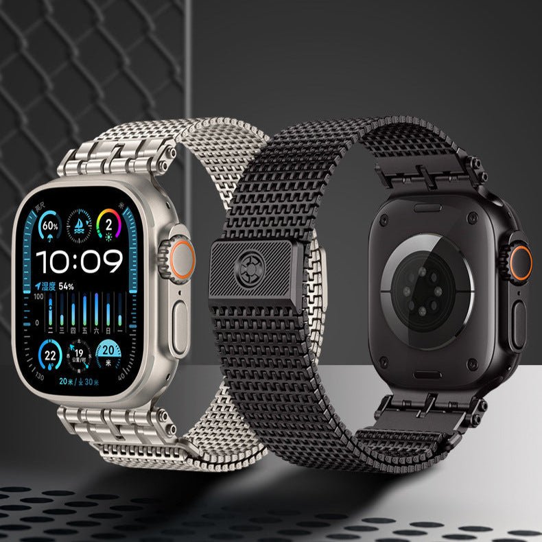 Bracelet maille magnétique argenté pour Apple Watch, ajustable, style épais et moderne .