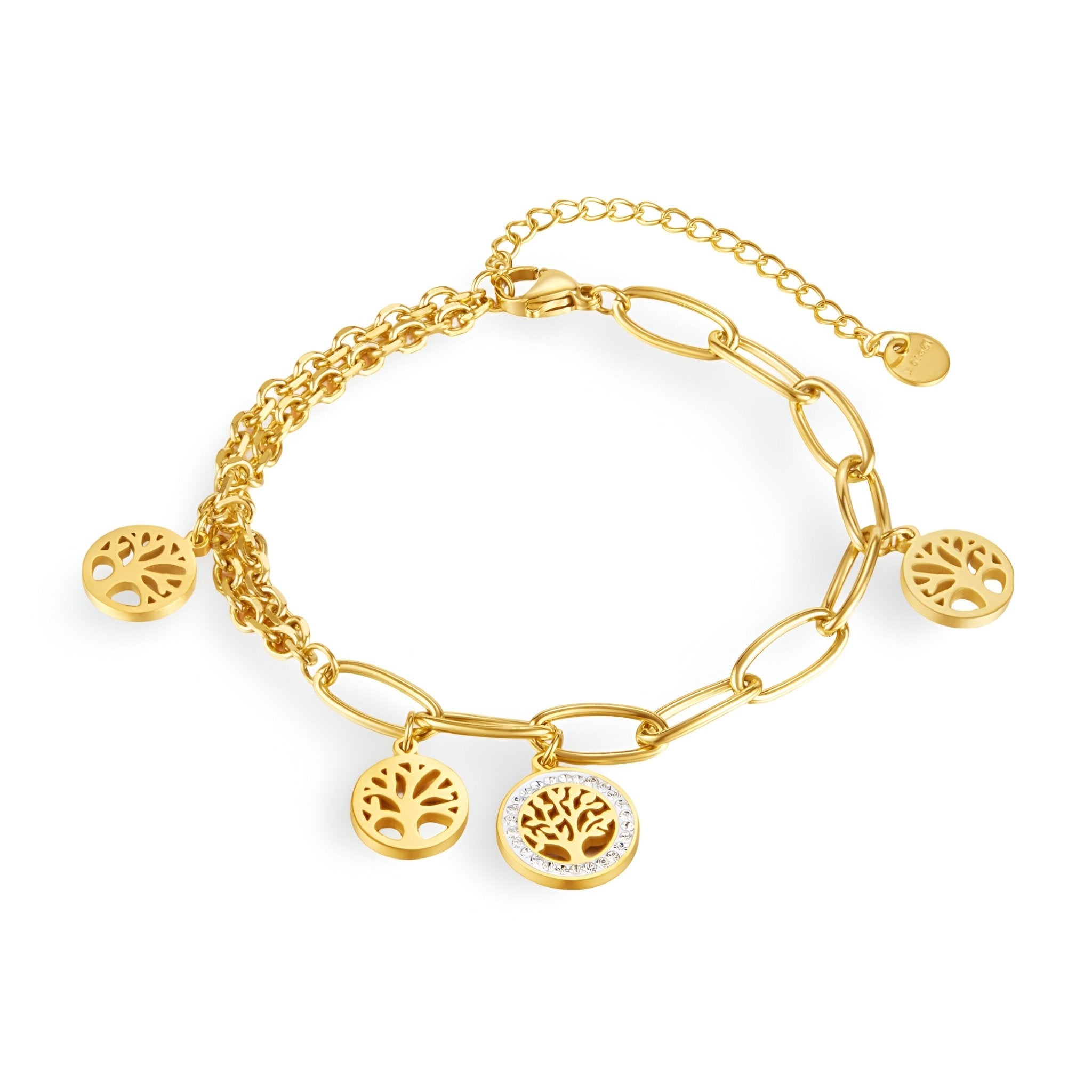 Bracelet femme en acier inoxydable doré avec maillons variés et pendentifs arbre de vie.