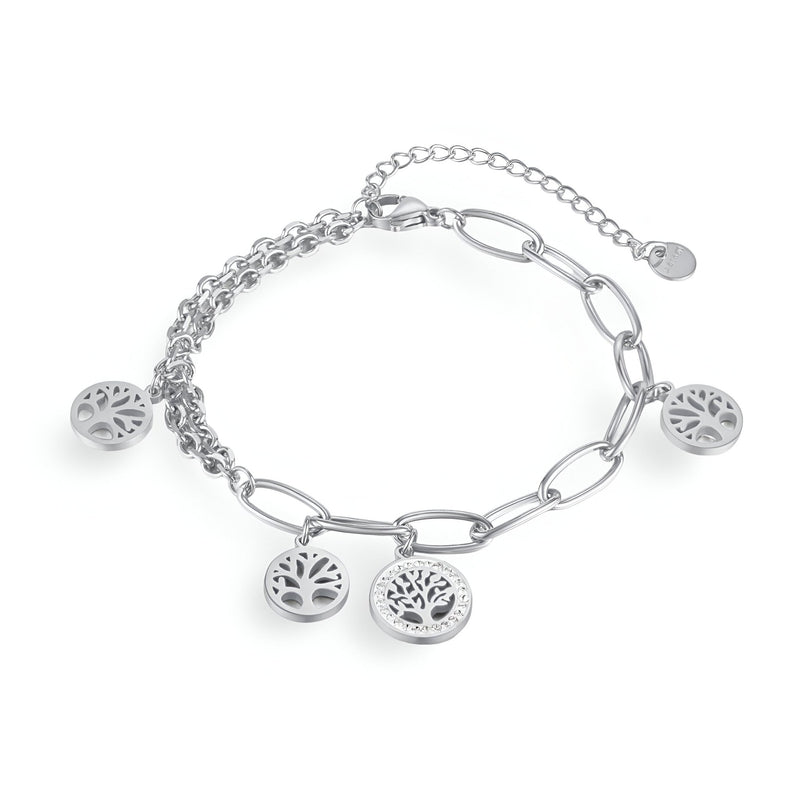 Bracelet en acier inoxydable argenté avec maillons épais et pendentifs arbre de vie sous forme de médaillons circulaires.