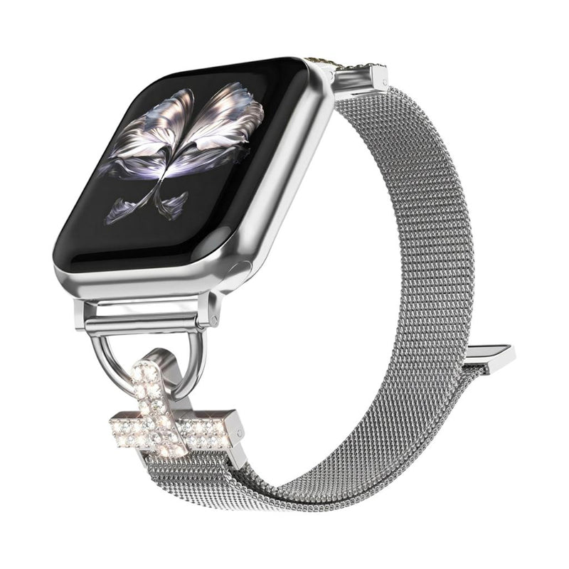Brazalete de malla para Apple Watch, acero inoxidable con cierre magnético, adorno de cruz y óxido de circonio, modelo Aménia