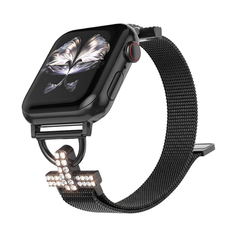 Brazalete de malla para Apple Watch, acero inoxidable con cierre magnético, adorno de cruz y óxido de circonio, modelo Aménia