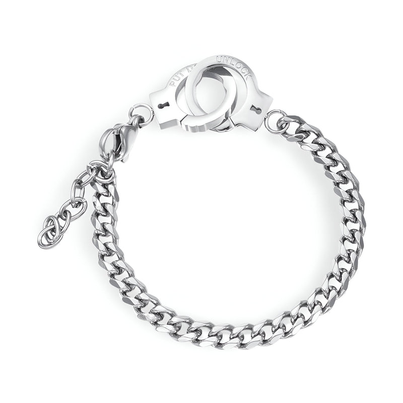Bracelet femme en acier inoxydable argenté avec maille épaisse et menottes en pendentif.