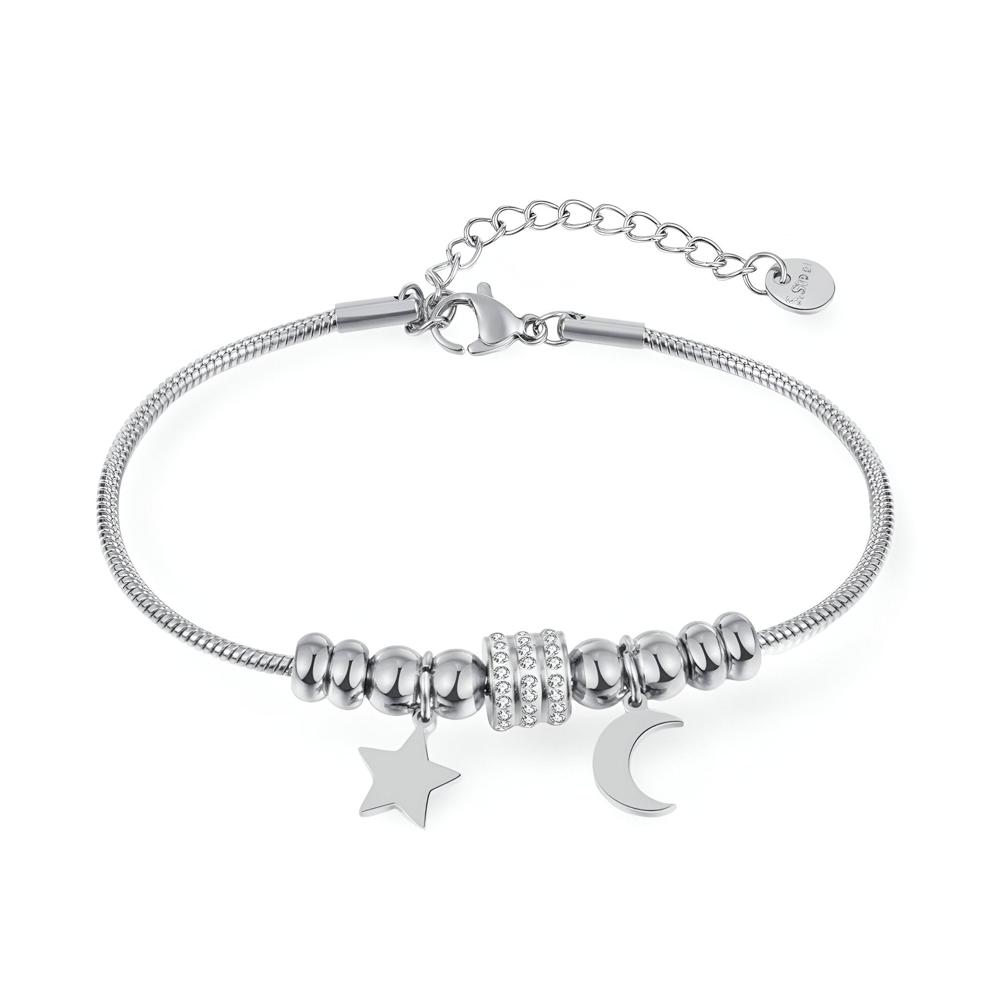 Bracelet serpent argenté pour femme avec pendentifs lune et étoile scintillants en acier inoxydable.