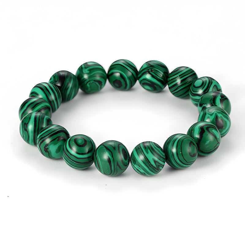 Bracelet mixte en perles rondes de malachite verte aux motifs naturels striés, modèle Arden.