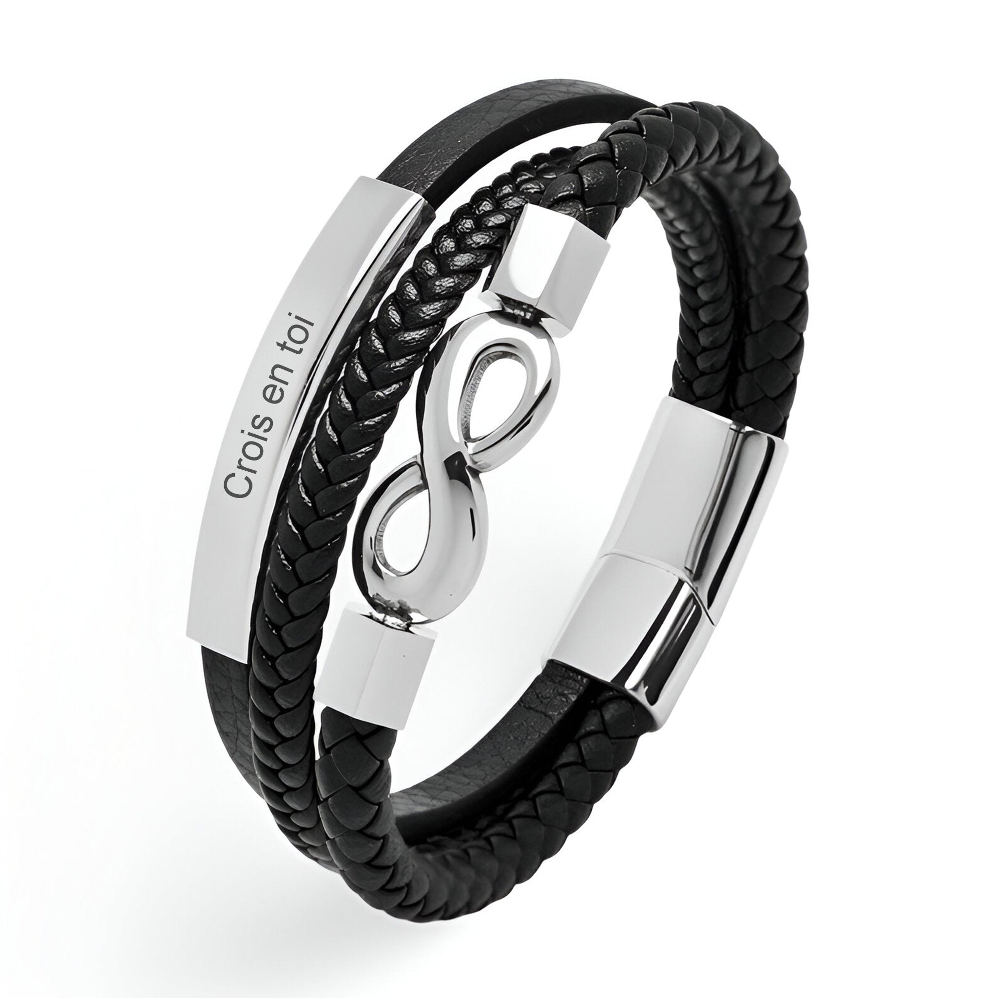 Bracelet homme noir multi-rangs en microfibre avec motif infini argenté et plaque gravée "Crois en toi".