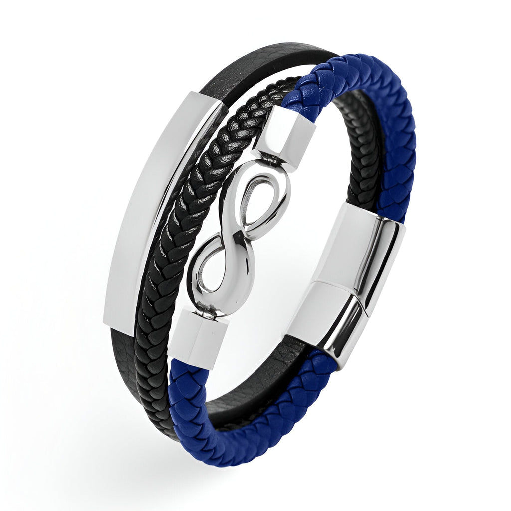 Bracelet multi-rangs noir et bleu en microfibre avec motif infini en métal argenté et fermoir magnétique.