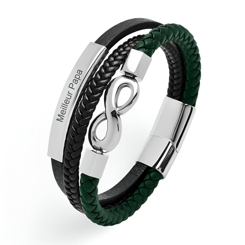 Bracelet multi-rangs en microfibre noir et vert avec motif infini en métal argenté et plaque gravée « Meilleur Papa ».