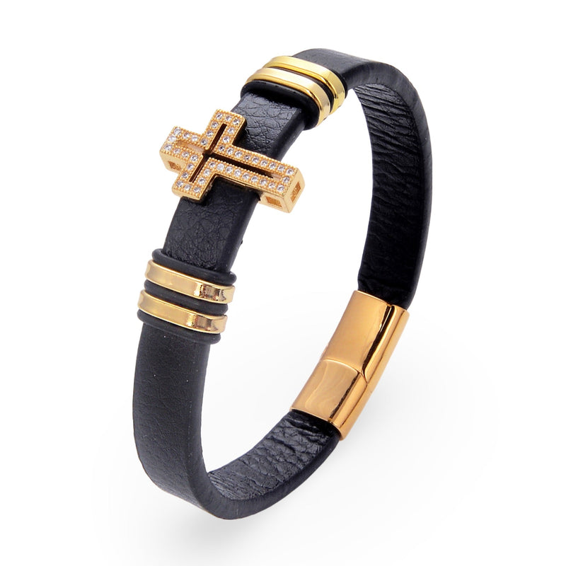 Bracelet homme microfibre noire avec croix chrétienne en métal doré et détails dorés scintillants.