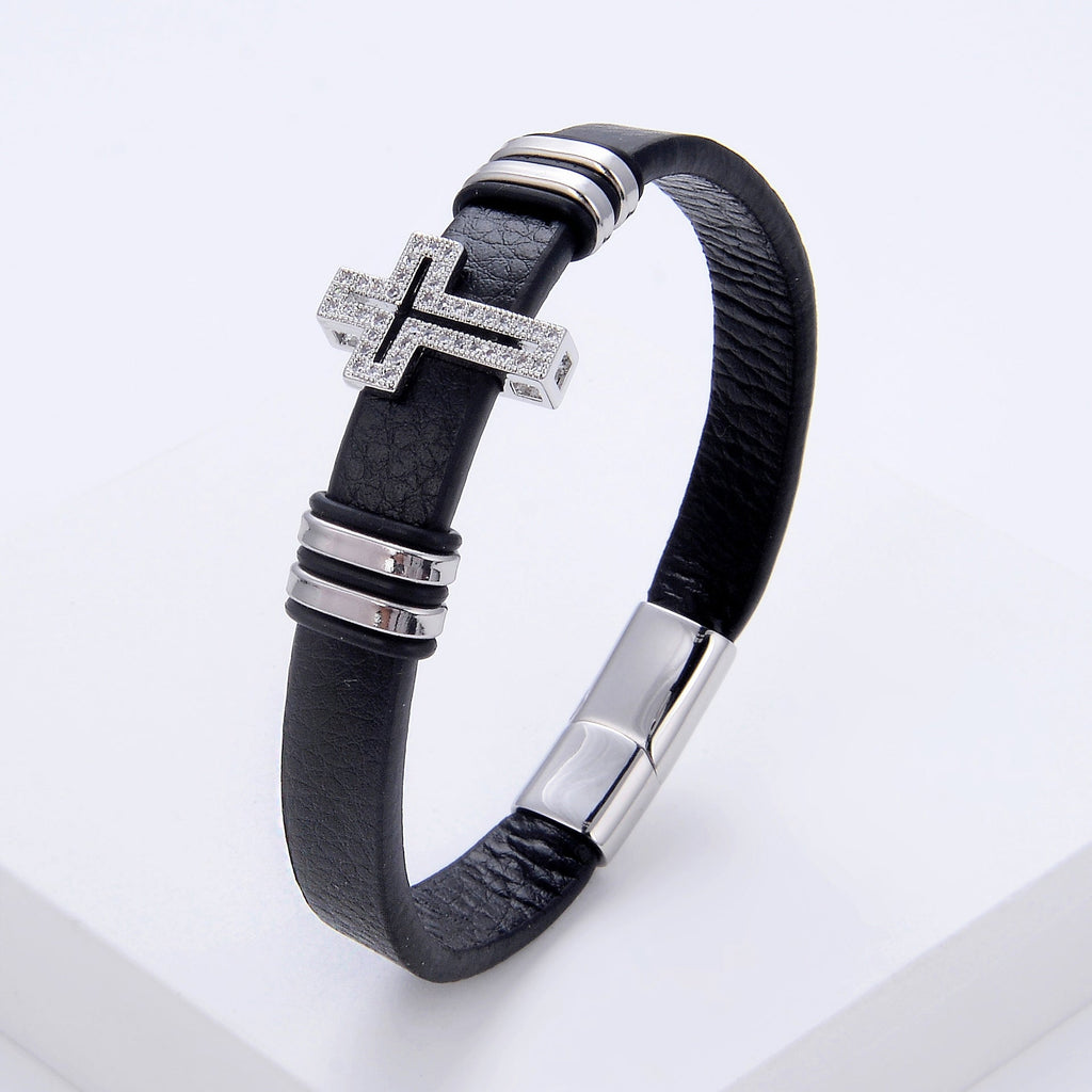 Bracelet en microfibre pour homme, avec croix chrétienne scintillante, modèle Luigi - La Boutique du Bracelet
