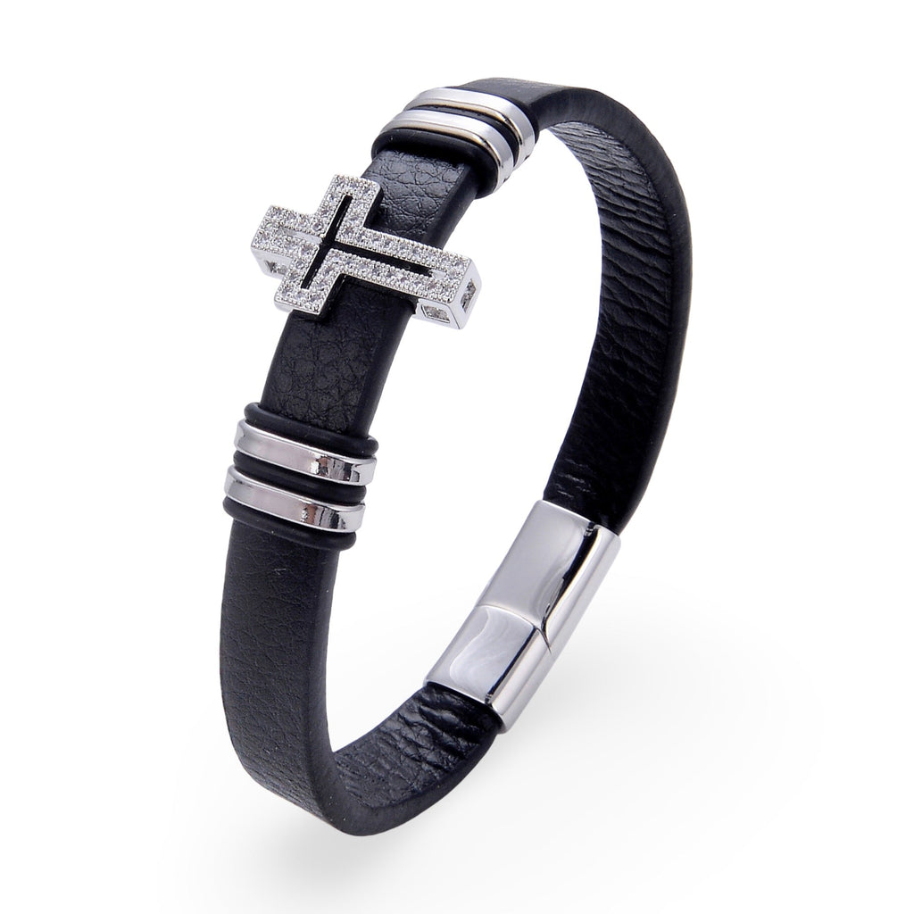 Bracelet en microfibre pour homme, avec croix chrétienne scintillante, modèle Luigi - La Boutique du Bracelet