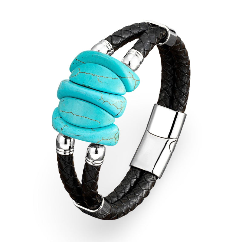 Bracelet homme en microfibre noire tressée avec gros pendentif en turquoise et fermoir argenté brillant.