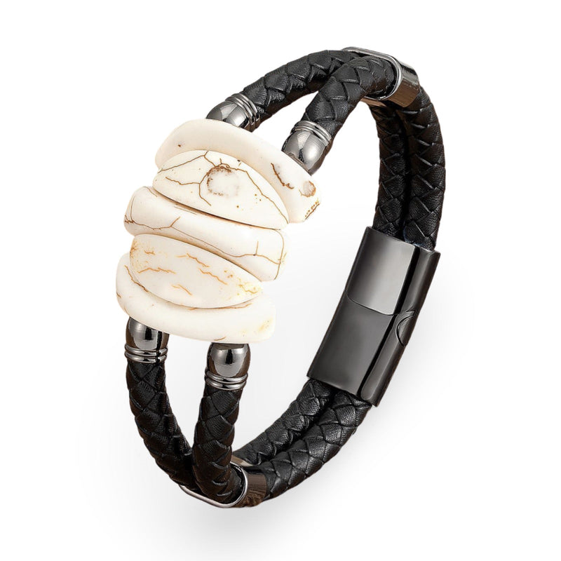 Bracelet homme microfibre noir tressé avec détail central turquoise blanche marbrée et fermoir noir mat.