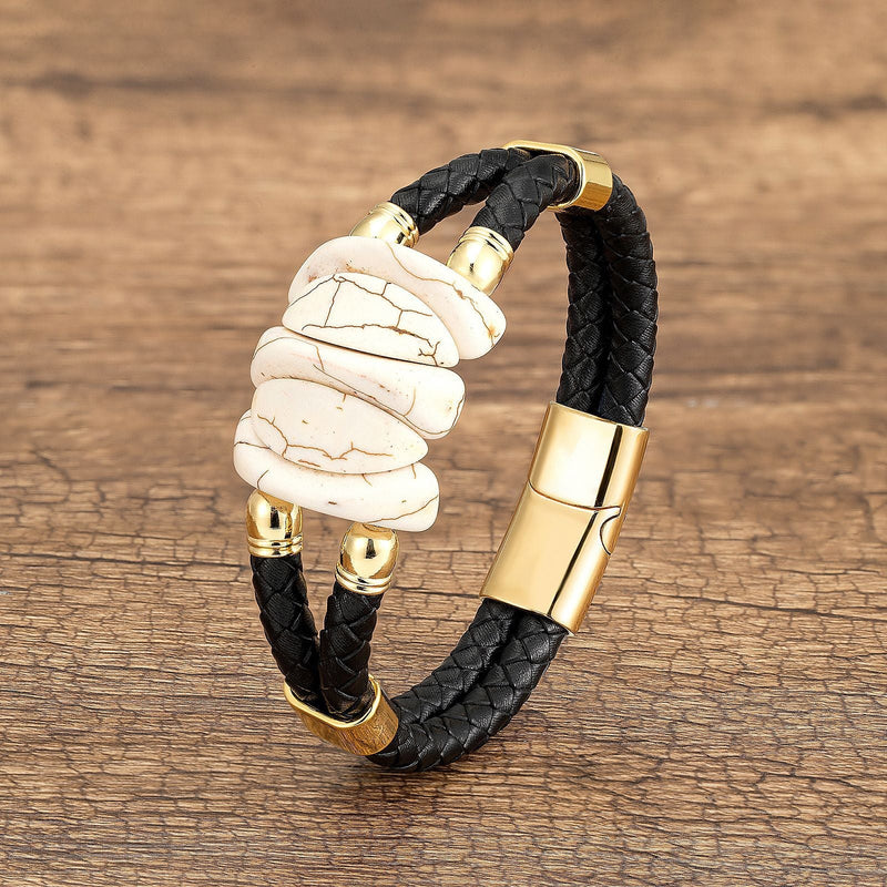 Bracelet homme microfibre noir tressé avec pierres turquoise blanches et accents dorés.