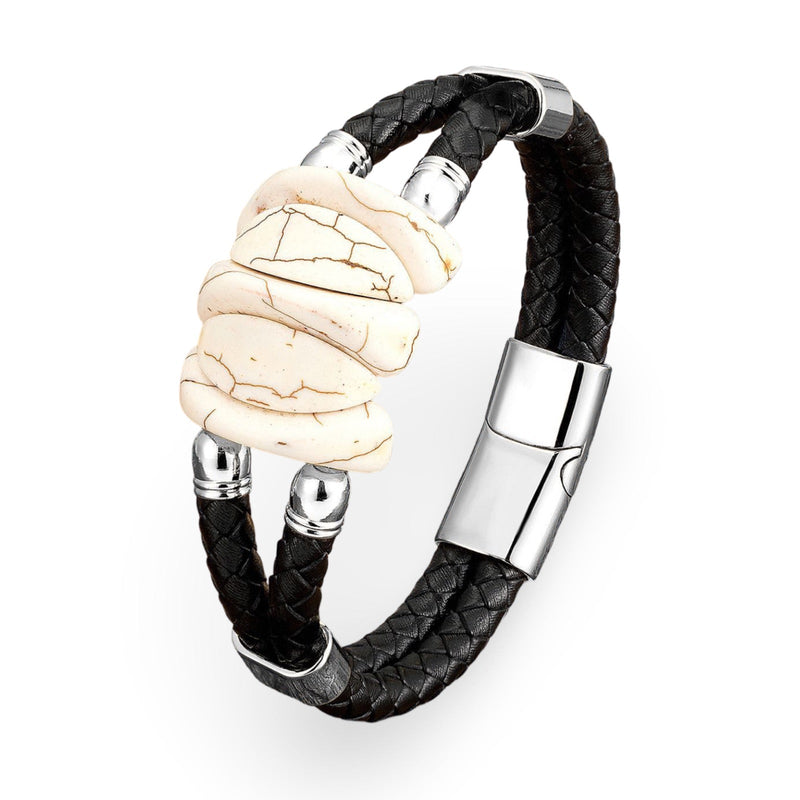 Bracelet homme microfibre noir tressé avec ornement turquoise blanc et fermoir argenté brillant.