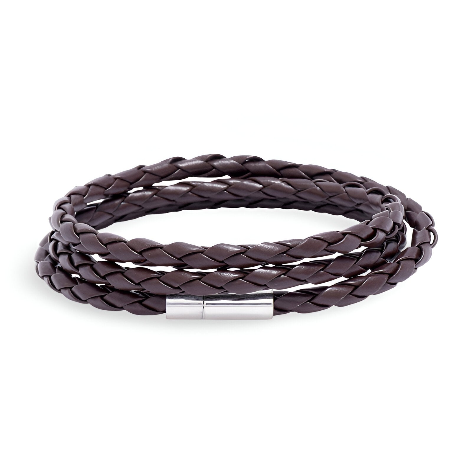 Bracelet en microfibre marron tressée à enrouler avec fermoir argenté simple et élégant.
