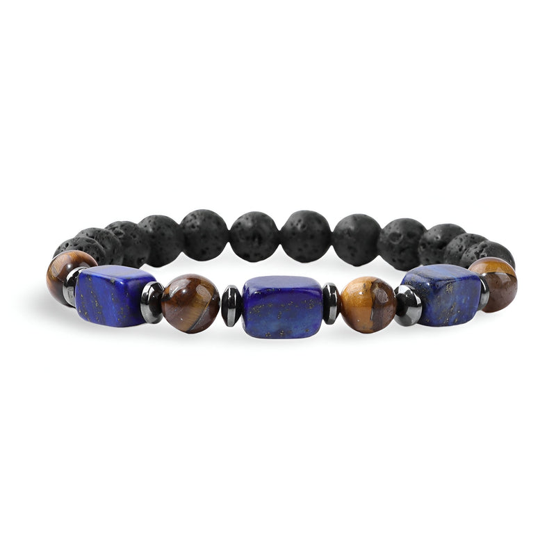 Bracelet homme avec pierres naturelles lapis lazuli, œil de tigre et perles noires mates.