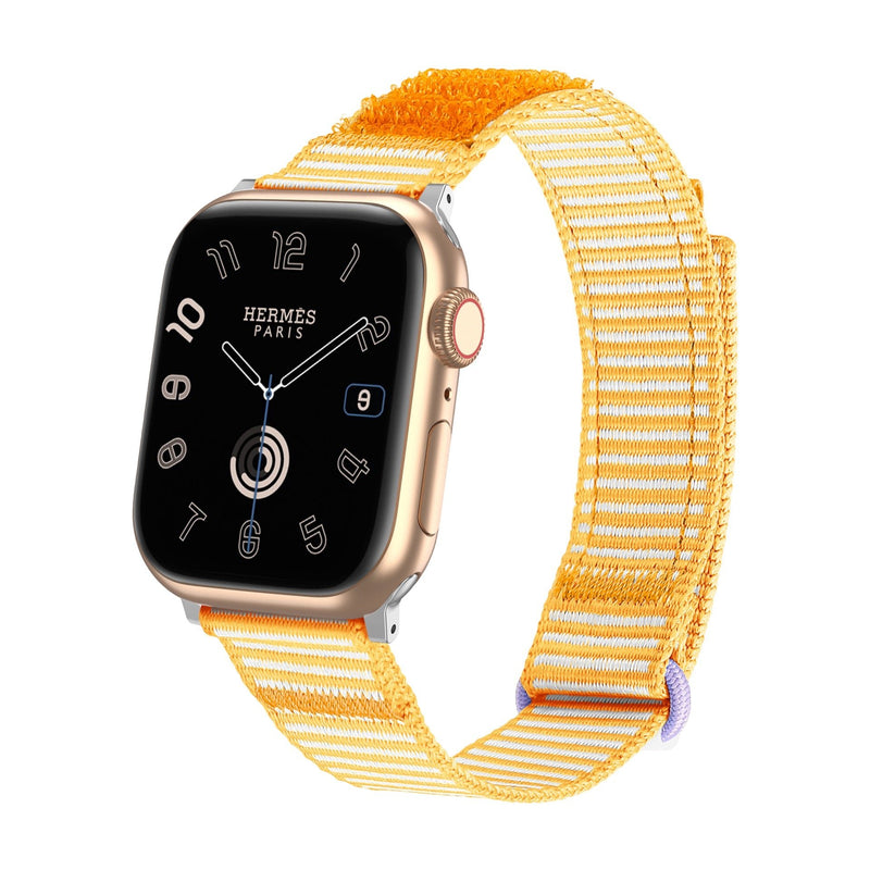 Bracelet en nylon jaune rayé, ajustable, compatible Apple Watch, modèle Dacota, style sport et résistant.