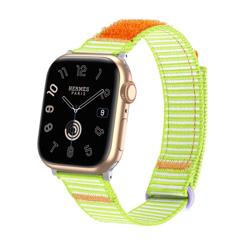 Bracelet Apple Watch ajustable en nylon jaune fluo et orange, tissé à rayures fines, modèle Dacota.