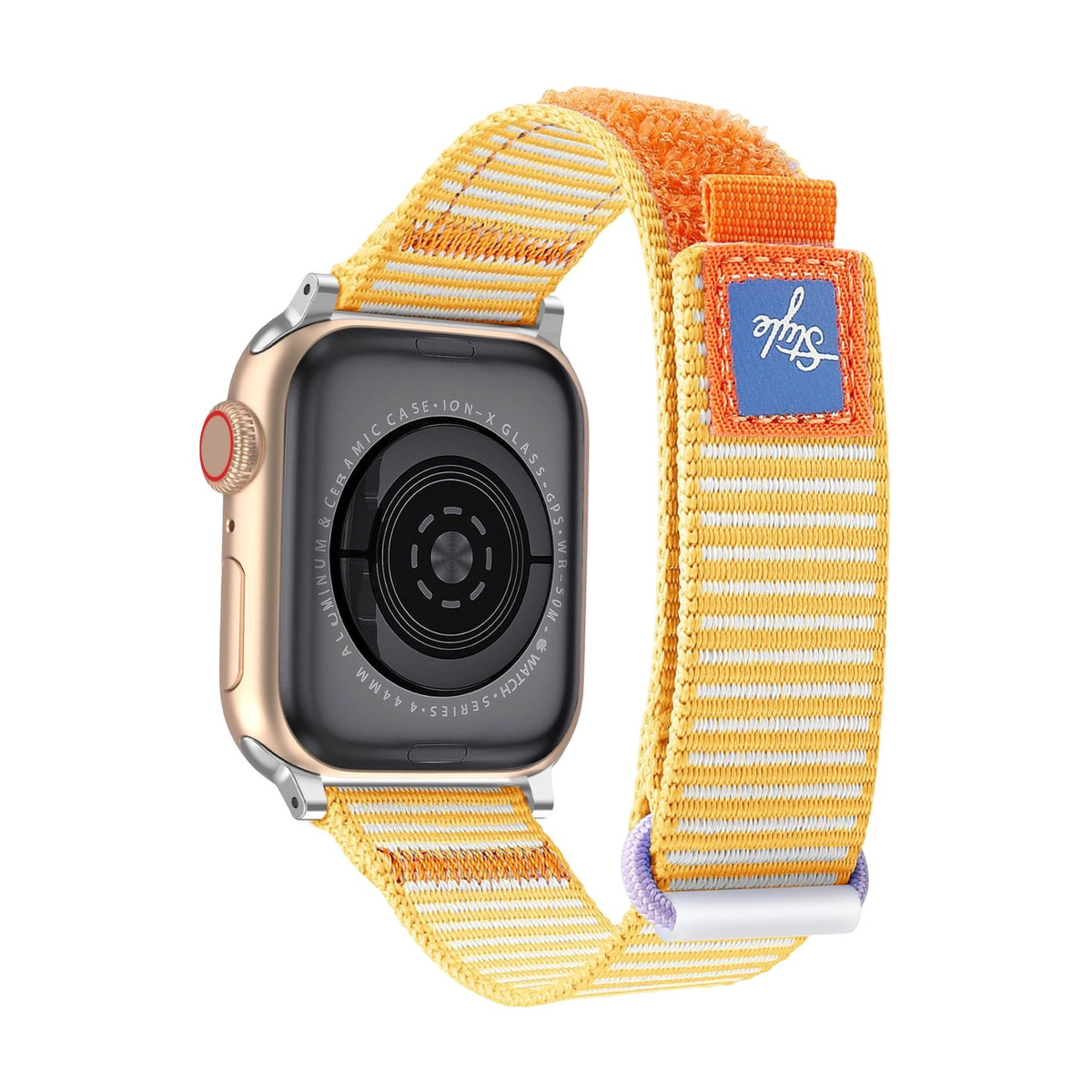 Bracelet en nylon jaune à rayures blanches, ajustable pour Apple Watch avec boucle velcro.