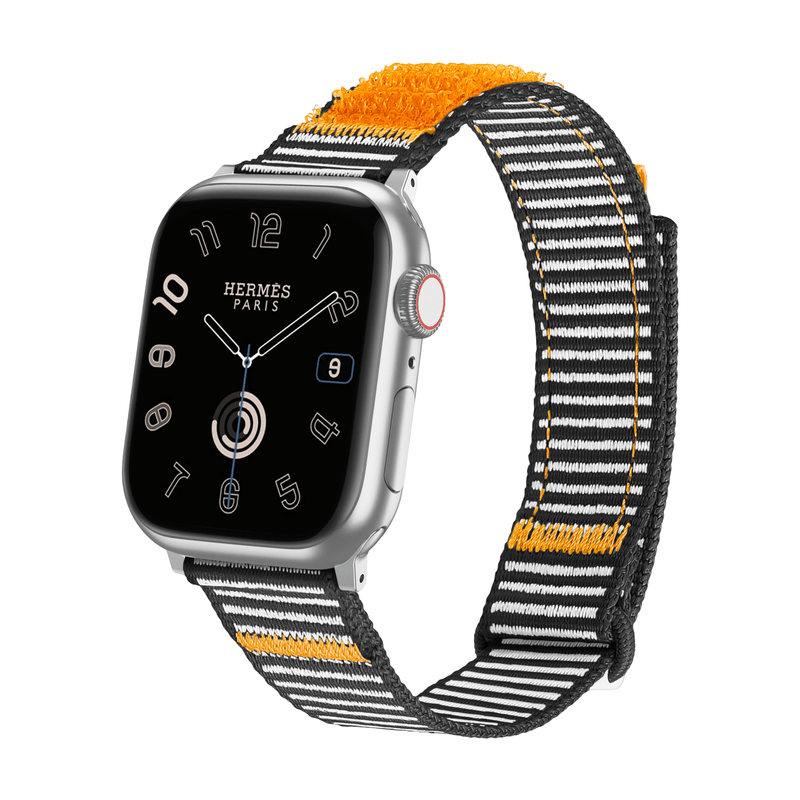 Bracelet nylon rayé noir et orange, ajustable pour Apple Watch, modèle Dacota.