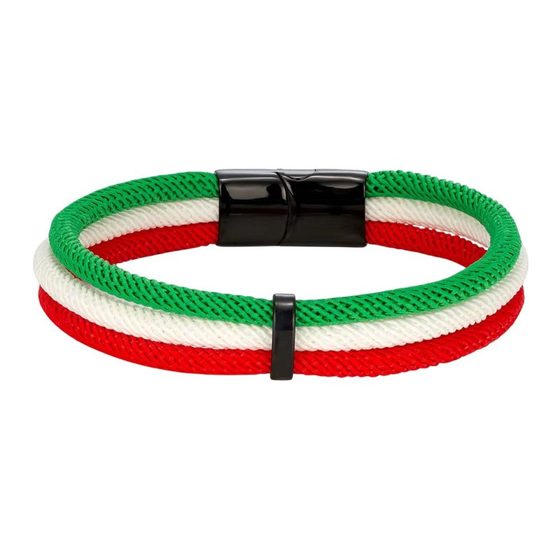 Bracelet en nylon tricolore vert, blanc et rouge avec fermoir noir brillant.