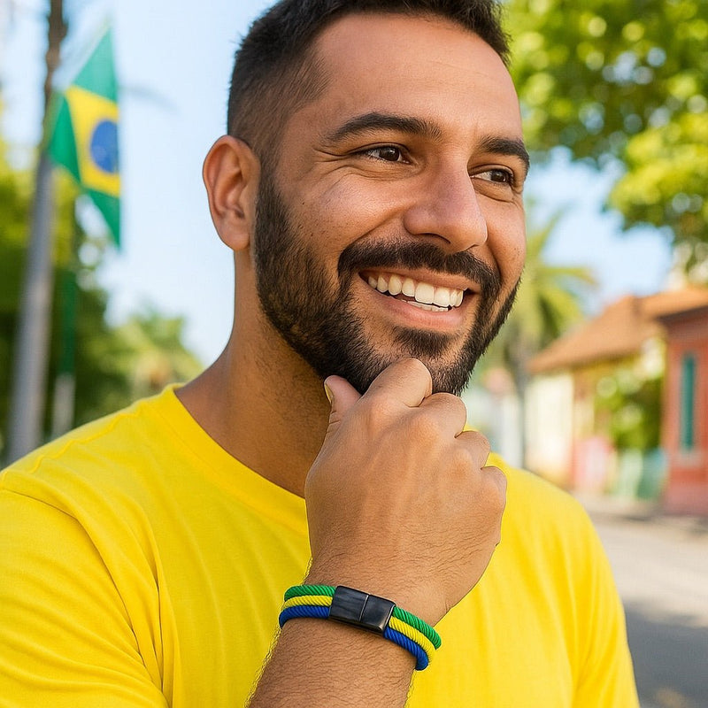 Bracelet nylon tricolore bleu jaune vert noir, style sportif, fermoir ajustable, masculin.