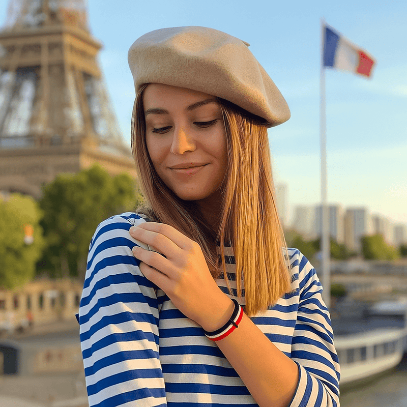 Bracelet en nylon tricolore rouge, blanc et bleu, fin et ajusté, style casual élégant.