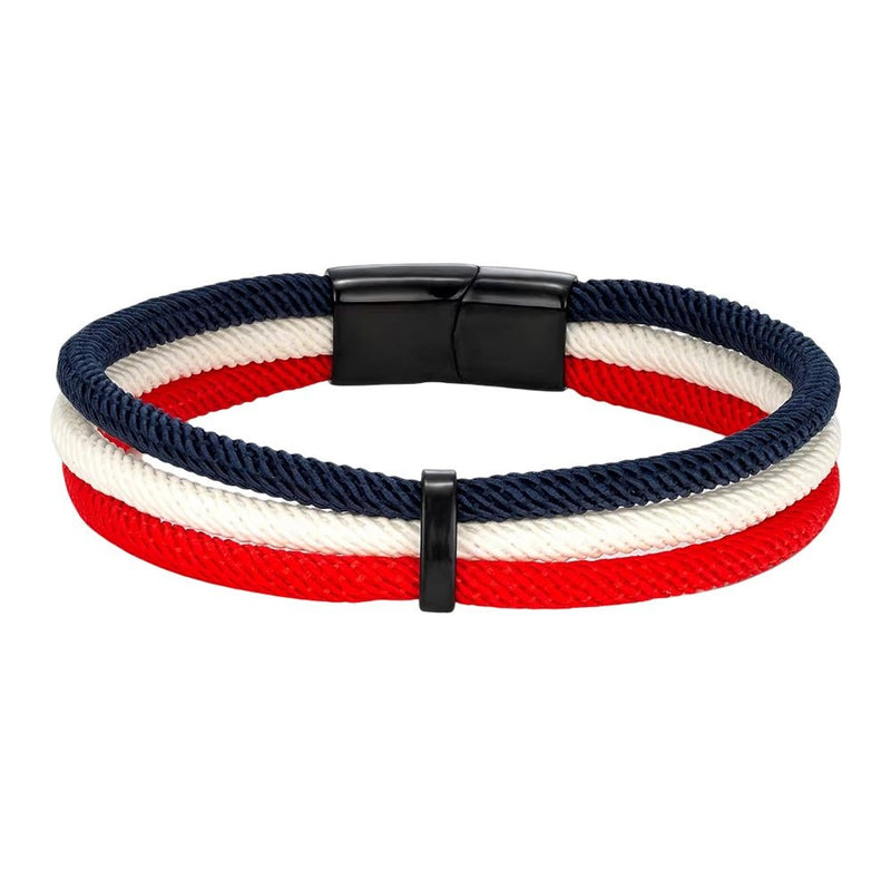 Bracelet tricolore en nylon tressé rouge, blanc, bleu avec fermeture noire magnétique.