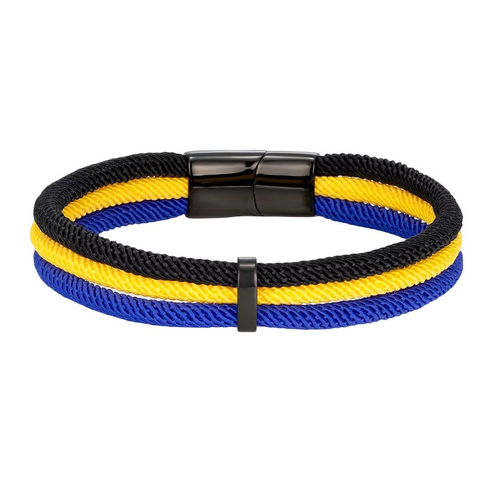 Bracelet en nylon tressé bleu, jaune et noir avec fermoir magnétique noir mat et anneau décoratif.