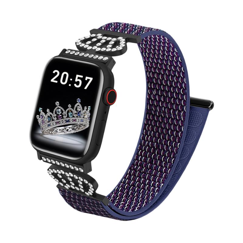 Bracelet en nylon élastique pour Apple Watch, connecteurs en acier inoxydable avec motif couronne serti de cristaux, ajustable et léger, modèle Irène