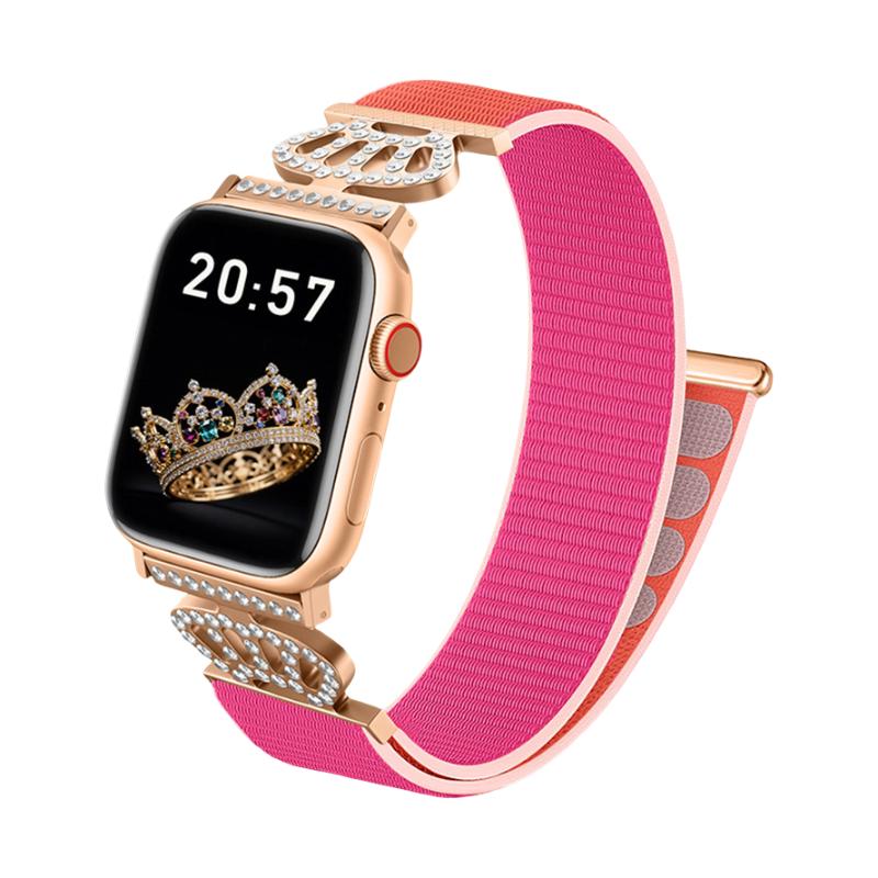 Bracelet en nylon élastique pour Apple Watch, connecteurs en acier inoxydable avec motif couronne serti de cristaux, ajustable et léger, modèle Irène