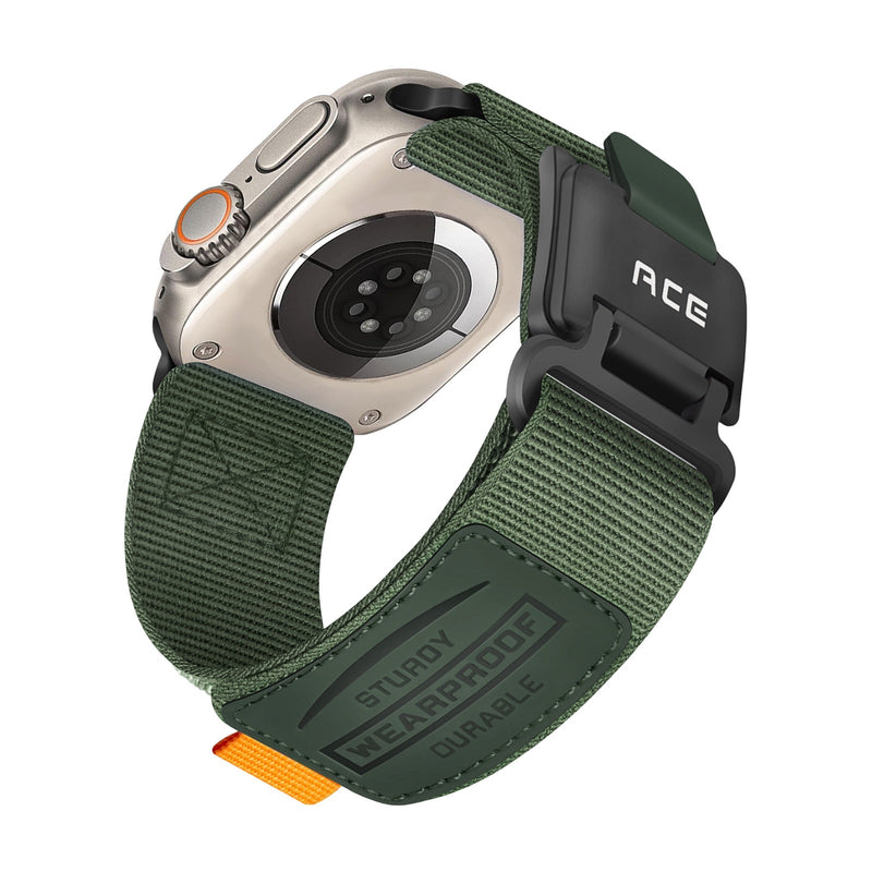 Bracelet en nylon vert foncé résistant avec boucle magnétique noire, ajustable, pour Apple Watch, modèle Ace.