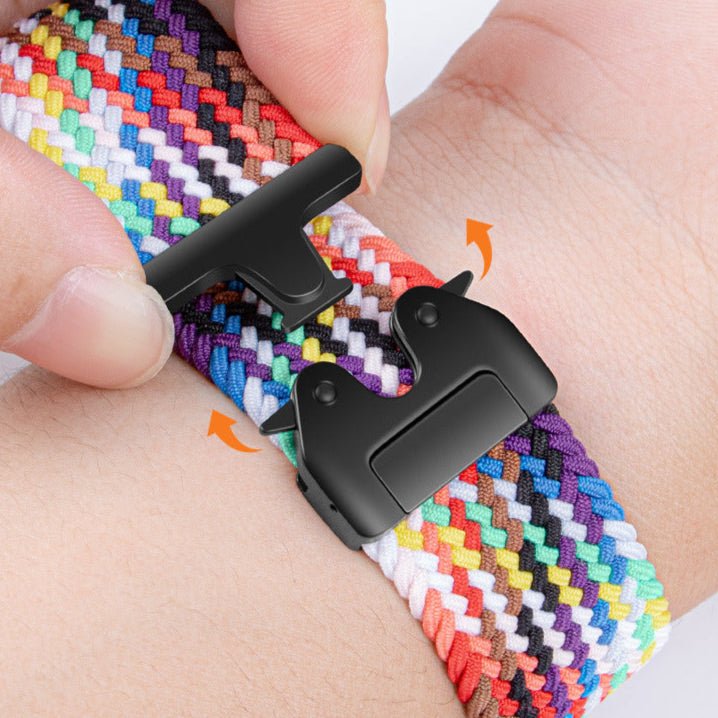 Bracelet nylon tissé multicolore avec boucle tactique noire pour Huawei Watch, style sport et ajustable.