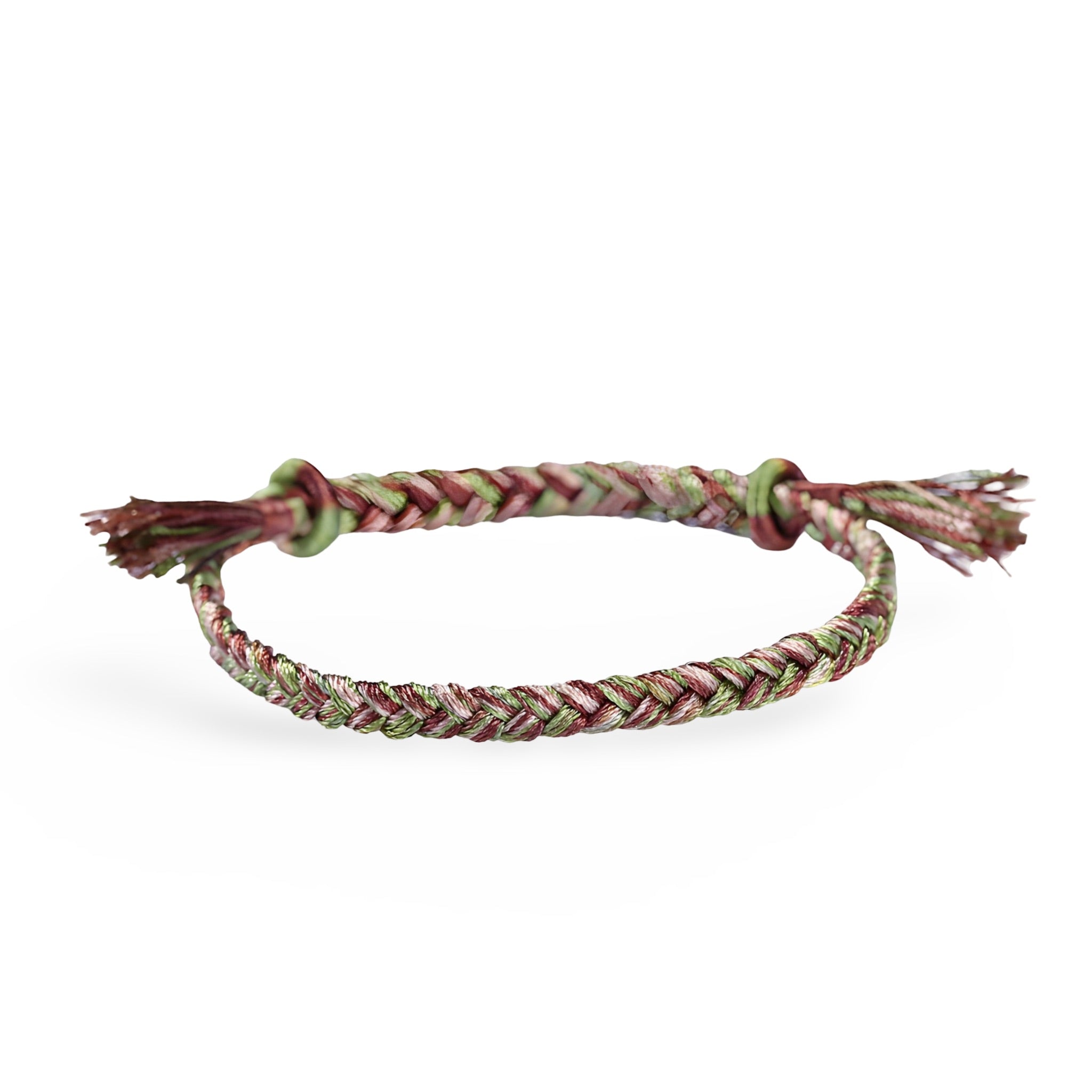 Bracelet en nylon tressé multicolore avec nuances marron, vert et rose, style bohème ajustable.