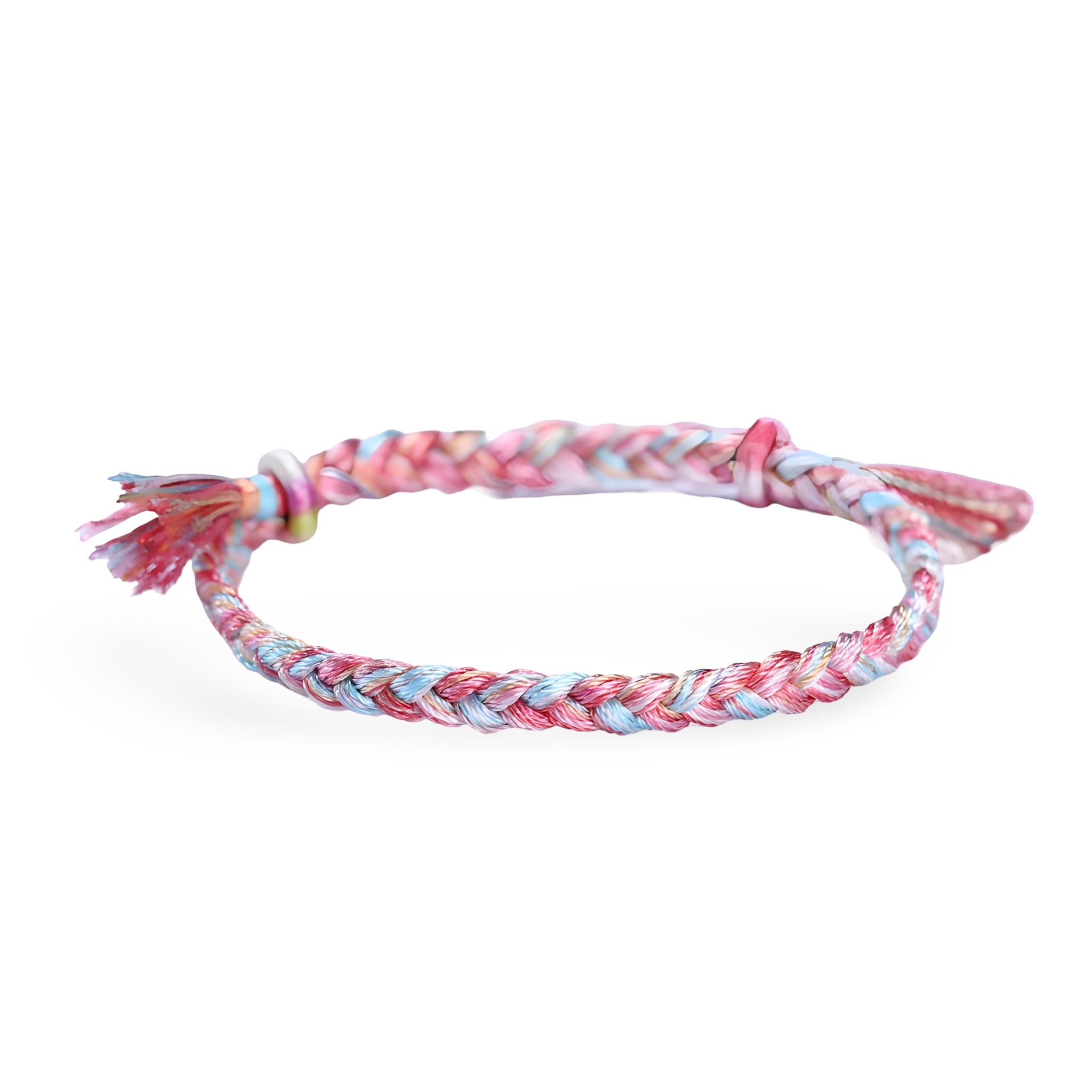 Bracelet en nylon tressé rose, bleu et blanc avec nœud coulissant et finition frangée.